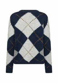 Navy- und grauer Strickpullover mitDiamantmuster und braunen Akzenten, langen Ärmeln und Rundhalsausschnitt. Weicher, strukturierter Stoff.