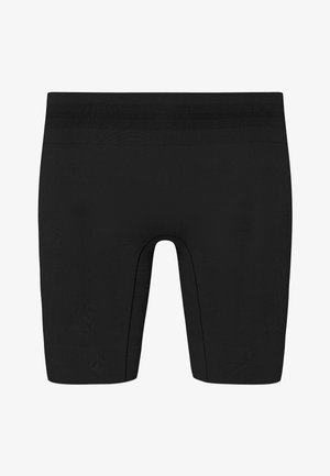 Schwarze Sportshorts aus dehnbarem Material, mit glatter Textur, in mittellanger Länge bis zur Oberschenkelmitte und nahtlosem Bunddesign.