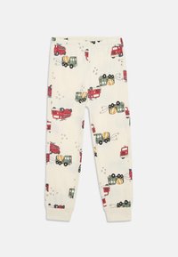 Pantaloni da pigiama in cotone con vita elastica, sfondo crema e un motivo colorato di vari veicoli, tra cui camion dei pompieri e camion da costruzione.