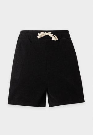 Black shorts with an elastic waistband, side pockets, and a white drawstring tie at the front, shown against a plain light background.