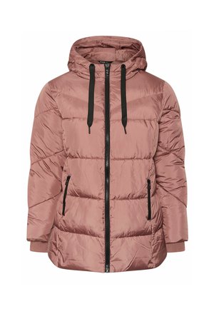 Różowa ocieplana kurtka z kapturem, czarnymi sznurkami, zamykanymi kieszeniami po bokach oraz pikowanym wzorem. Lekki, gładki materiał.