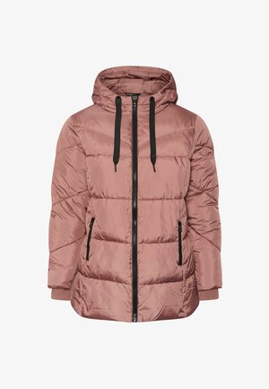 Pink insulated jacket featuring a hood, black drawstrings, zippered side pockets, and a quilted pattern. Lightweight, sleek material.
