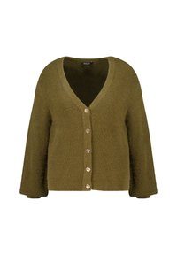 Olijfgroene cardigan van gebreide stof met textuur, met een diepe V-hals, lange mouwen en goudkleurige knopen aan de voorkant.