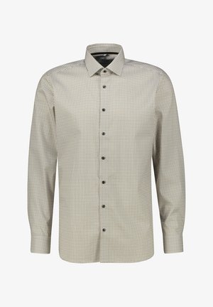 Long-sleeve shirt in beige with a geometric pattern, featuring a button-down collar and a row of dark buttons on the front.
