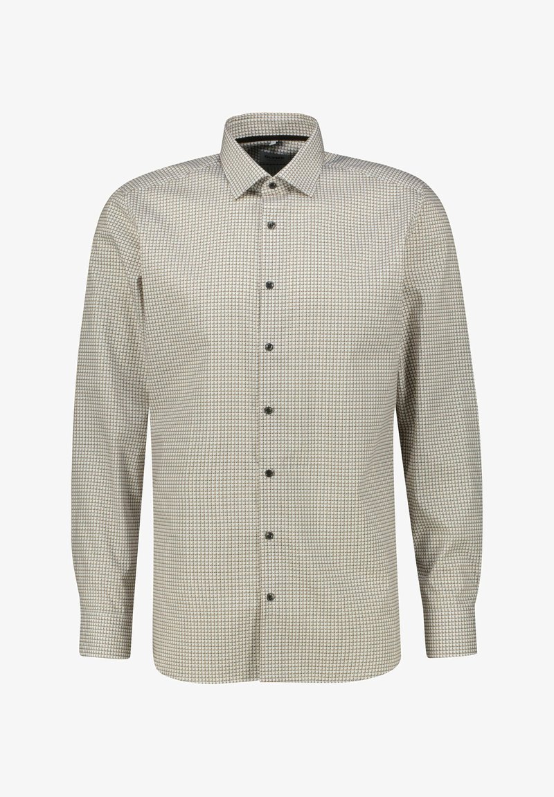 Langärmliges Hemd in Beige mit geometrischem Muster, das einen Button-Down-Kragen und eine Reihe dunkler Knöpfe auf der Vorderseite aufweist.