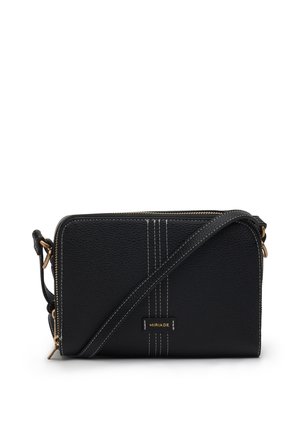 Borsa a tracolla in pelle nera strutturata con cuciture bianche, cerniera dorata e targhetta dorata "MIRIADE" al centro davanti.