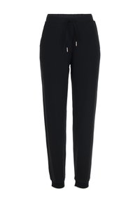 Zwarte sweatpants van zacht materiaal, met een elastische tailleband met trekkoord, zijzakken en geribde manchetten bij de enkels.