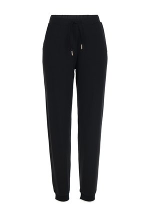 Czarne dresy wykonane z miękkiego materiału, z elastycznym pasem w talii z sznurkiem, bocznymi kieszeniami oraz ściągaczami przy kostkach.