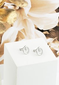 Silverörhängen med stift i cirkulär design, med gnistrande detaljer och polerad yta, mot en ljus bakgrund.