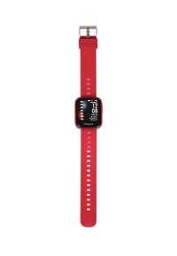 Reloj inteligente de silicona roja con cara cuadrada, pantalla digital y hebilla plateada. Cuenta con una correa perforada y detalles del logo a lo largo de la banda.