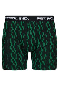 Gröna och svarta boxershorts med ett geometriskt mönster, tillverkade av mjukt material med en svart elastisk midjeband märkt "PETROL IND."