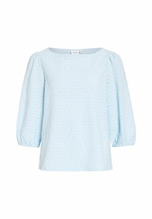Světlomodrá halenka s nafouklými tříčtvrtečními rukávy a texturovanou látkou s průstřihy, s kulatým výstřihem a elastickými manžetami.