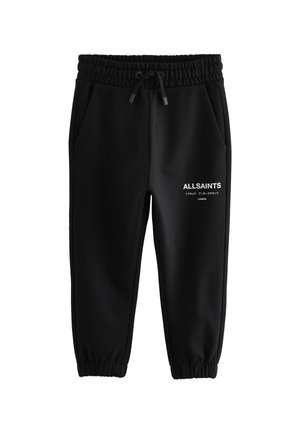 Pantalon de jogging noir avec taille et poignets élastiques, poches avant, et logo blanc "ALLSAINTS" avec texte japonais sur la cuisse droite.