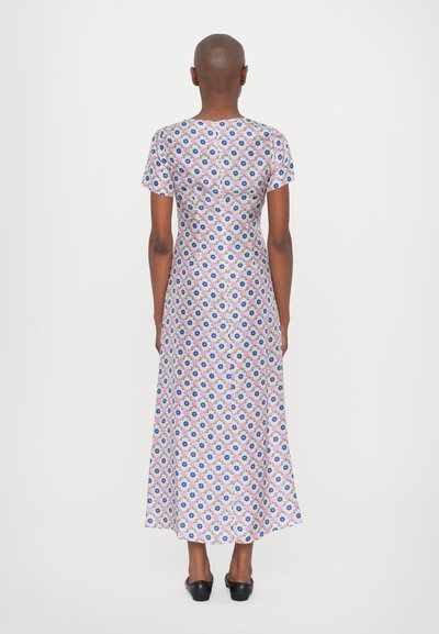 Floral dress with short sleeves, featuring a pink base with blue and green flower patterns, flowy design, reaching mid-calf, smooth fabric.