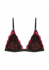 Bralette triangolare in pizzo rosso con bordi in pizzo nero e sottili spalline nere. Presenta una morbida fascia nera nella parte inferiore e dettagli elaborati in pizzo.