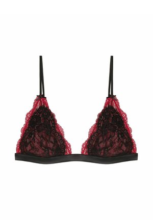 Bralette triangular de encaje rojo con bordes de encaje negro y tirantes finos negros. Cuenta con una banda negra lisa en la parte inferior y un intrincado detalle de encaje.