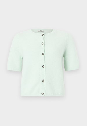 Cardigan verde menta chiaro a maniche corte con scollo rotondo e sei bottoni frontali al centro.