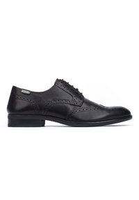 Scarpe eleganti in pelle nera con dettagli perforati, design con lacci, punta rotonda e suola piatta in gomma. Presenta un discreto etichetta con logo.