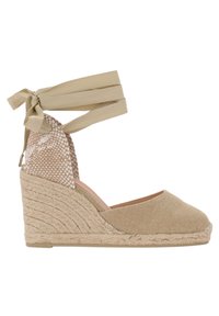 Sandalo wedge in tessuto beige con upper in tessuto intrecciato, lacci alla caviglia e tacco in corda di juta.