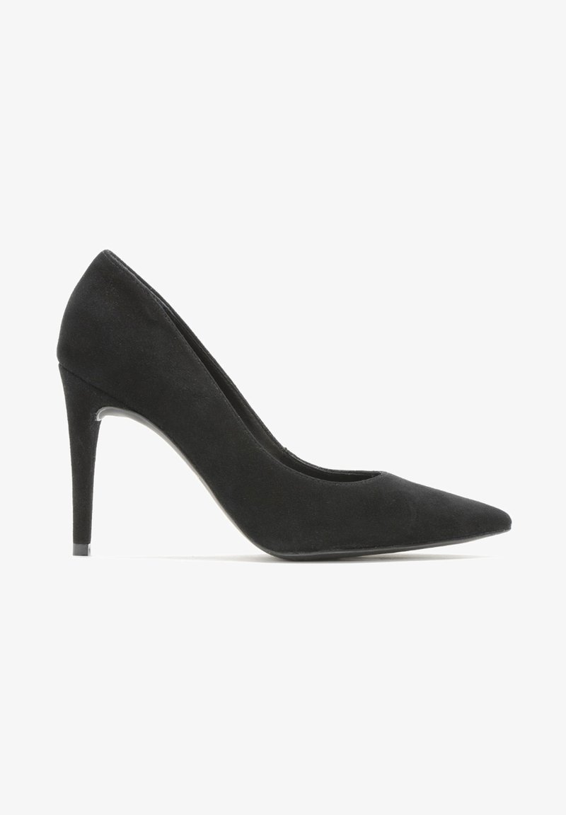 Black suede high-heeled pump with a pointed toe, sleek silhouette, and a thin stiletto heel. Smooth texture and minimalist design.