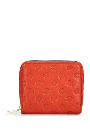 Bright orange leather wallet with embossed floral and geometric patterns, featuring a zip closure and gold-toned zipper hardware.