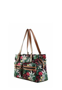 Borsa a spalla con motivo floreale su sfondo nero, dettagli in pelle marrone e numerose tasche frontali con zip; visibile texture e dettaglio del tessuto.