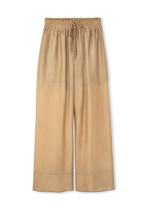 Light brown wide-leg pants made of smooth, lightweight fabric. Features an elastic waistband, drawstring, and cuffed hems.