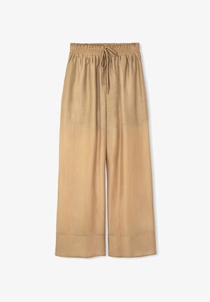 Hellbraune weite Hosen aus glattem, leichtem Stoff. Mit elastischem Bund, Kordelzug und umgeschlagenen Säumen.