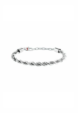Bracciale a catena a corda intrecciata in argento con una piccola chiusura a moschettone e catena regolabile su sfondo bianco.