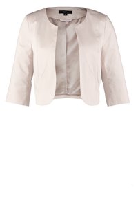 Lichtbeige cropped jasje met een ronde halslijn, driekwartmouwen en een gestructureerd ontwerp. Soepele stof met een subtiele glans.