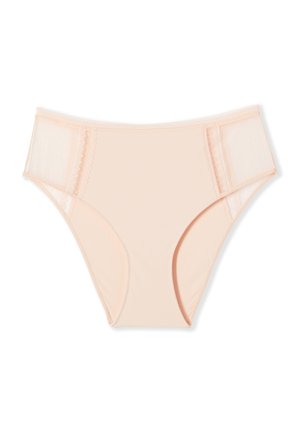 Biancheria intima da donna color beige chiaro con vita a mezza altezza e pannelli in rete semi-trasparente sui lati, disposta piatta su uno sfondo bianco.