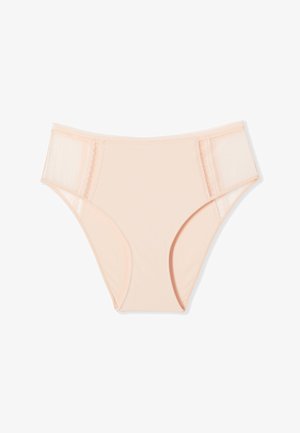 Biancheria intima da donna color beige chiaro con vita a mezza altezza e pannelli in rete semi-trasparente sui lati, disposta piatta su uno sfondo bianco.