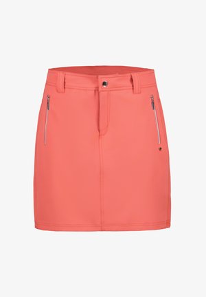 Falda de color coral ajustada, con cremallera y dos bolsillos con cremallera. Confeccionada en un material suave y ligero con costuras visibles.