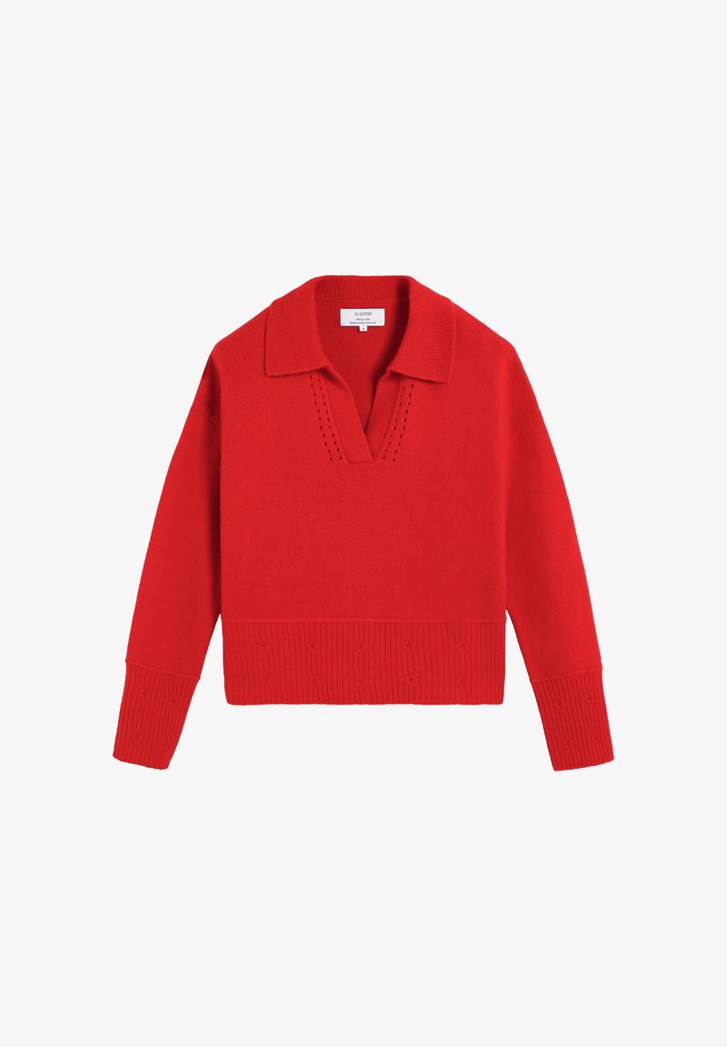 Roter Strickpullover mit Kragen, V-förmigem Ausschnitt und geripptem Saum, der kleine Musterakzente an den Ärmeln aufweist.