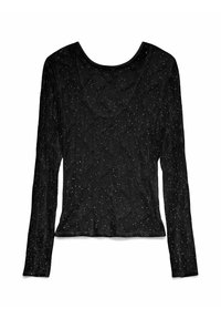 Svart langermet topp med et strukturert mønster, preget av spredte metalliske detaljer over hele overflaten og en vid rund hals.