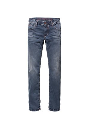 Dark blue denim jeans with a straight fit. Features visible stitching, five pockets, and a button closure. Slightly faded for texture.