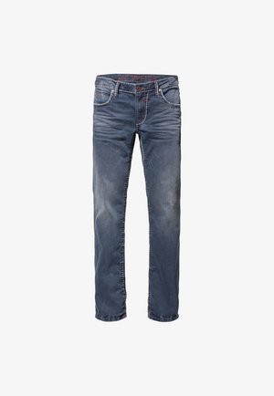 Dunkelblaue Denim-Jeans mit geradem Schnitt. Merkmale sind sichtbare Nähte, fünf Taschen und ein Knopfverschluss. Leicht ausgebleicht für eine strukturierte Optik.