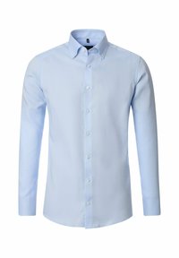 Lange mouwen, knoopsluiting overhemd van lichtblauw katoen. Klassieke kraag, voorkant met witte knopen, getailleerde pasvorm en effen textuur.