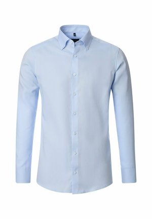 Langärmliges, knöpfbares Hemd aus leichtem blauen Baumwollstoff. Klassischer Kragen, Vorderleiste mit weißen Knöpfen, taillierter Schnitt und einfarbiges Muster.