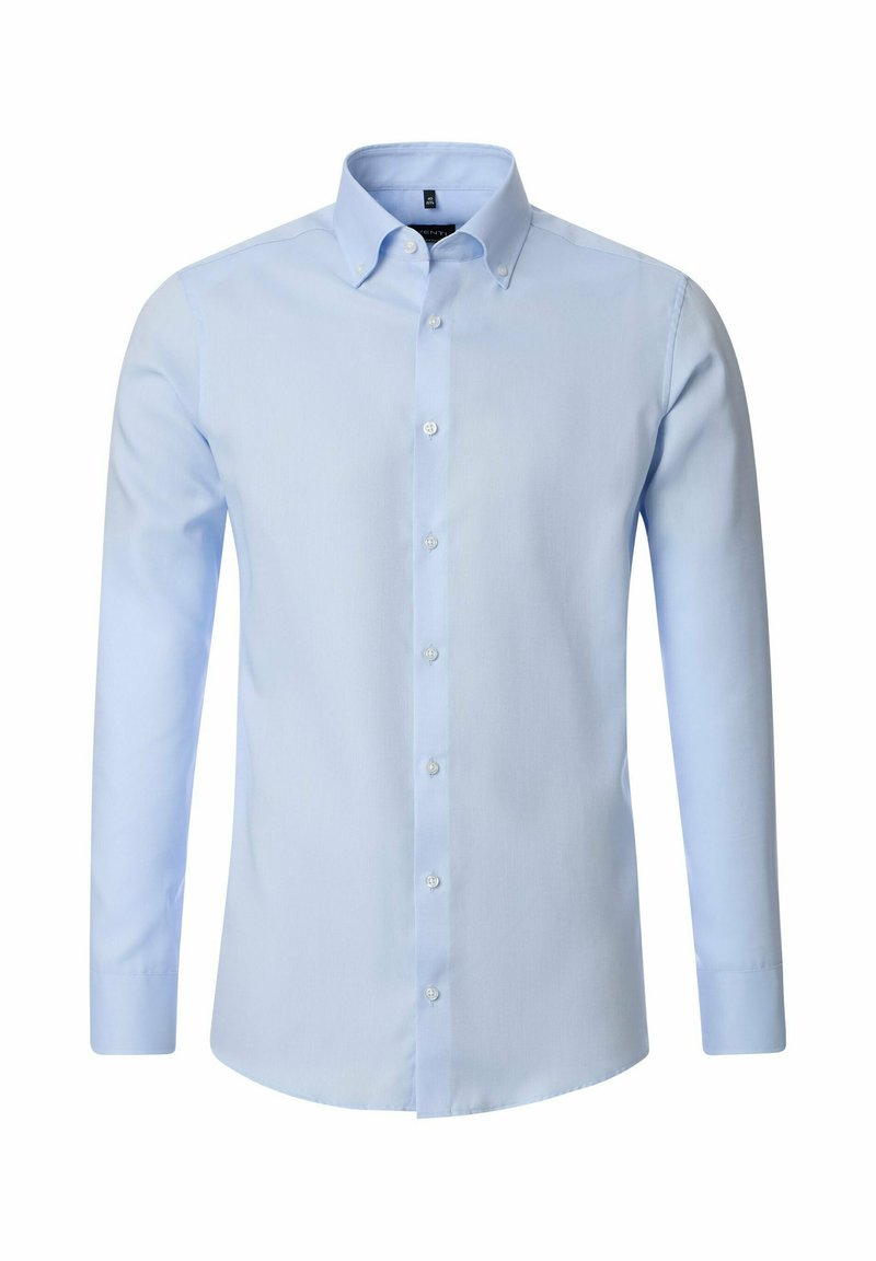 Lange mouwen, knoopsluiting overhemd van lichtblauw katoen. Klassieke kraag, voorkant met witte knopen, getailleerde pasvorm en effen textuur.