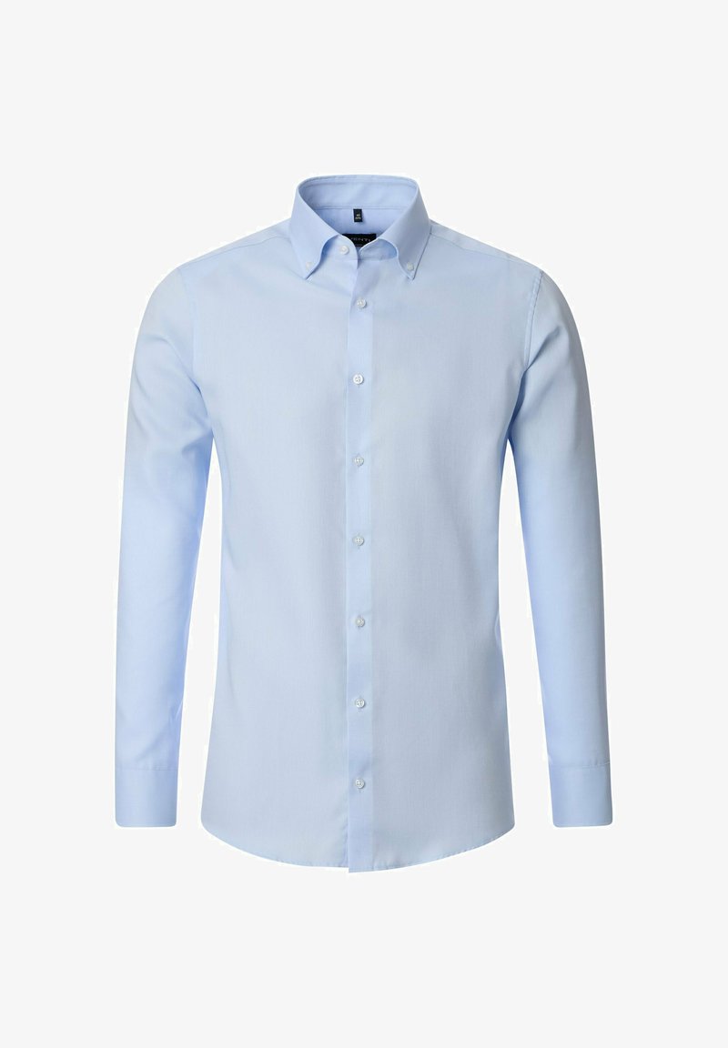 Lange mouwen, knoopsluiting overhemd van lichtblauw katoen. Klassieke kraag, voorkant met witte knopen, getailleerde pasvorm en effen textuur.