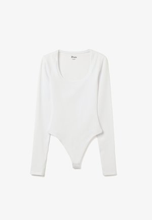 Langärmeliger weißer Bodysuit aus glattem Stoff, mit einem runden Ausschnitt und einem Tanga-Boden-Design mit nahtloser Verarbeitung.