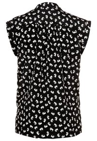 Blusa nera con stampa animale bianca ripetitiva. Maniche corte con dettaglio arricciato sul retro, realizzata in un tessuto liscio.
