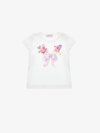 Λευκό πουκάμισο με κοντά μανίκια και σχέδιο πεταλούδας από φιογκάκι ροζ καρό, μοβ φτερά και ροζ και μοβ λουλούδια.