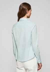 Camisa de botones azul claro con cuello clásico, mangas largas y dobladillo curvado. Fabricada con una tela suave y con un diseño minimalista.