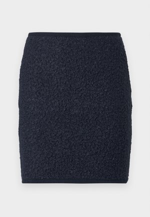 Navy blue skirt with a textured, boucle fabric. Straight design with a fitted silhouette and a plain waistband. No visible closures or accents.