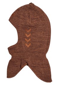 Pasamontañas marrón de punto con capucha y extremos puntiagudos, que presenta un tejido texturizado y un patrón en chevrón de color marrón más oscuro.