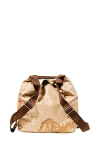 Bolso de hombro marrón con un exterior suave que presenta un diseño de mapa vintage en beige claro y verde, equipado con una resistente correa ajustable.