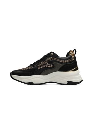 Black sneakers with mesh and textured accents, gold hardware, a white midsole, and a leopard print detail on the heel.