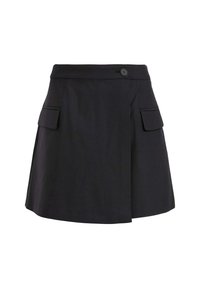 Zwarte rok met een rechte snit, voorzien van een knoop in de taille en twee zijzakken. Gemaakt van een soepele stof met een minimale textuur.